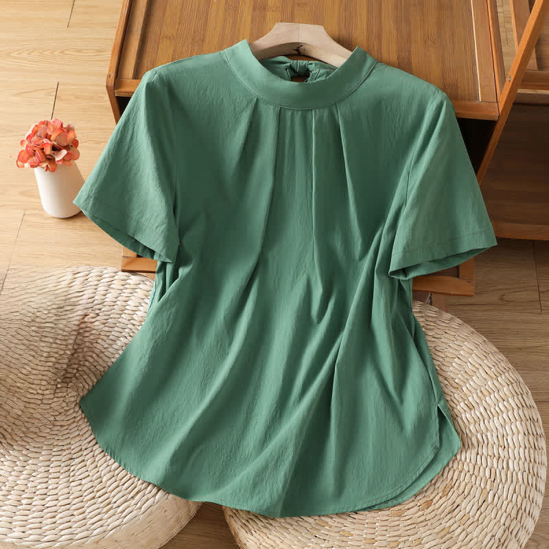 Buddha Stones Summer Crew Neck Front Pleats Lace-up Side Slit Solid Women's Short Sleeve Shirts - Medium Sea Green - US12, UK/AU16, EU44 (2XL) - image 8