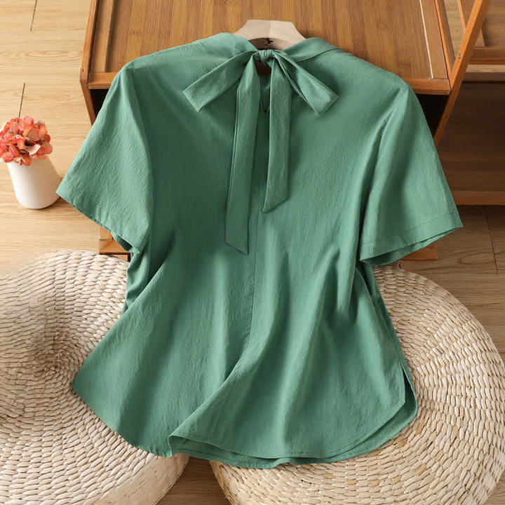 Buddha Stones Summer Crew Neck Front Pleats Lace-up Side Slit Solid Women's Short Sleeve Shirts - image 9