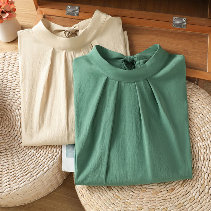 Buddha Stones Summer Crew Neck Front Pleats Lace-up Side Slit Solid Women's Short Sleeve Shirts - image 16