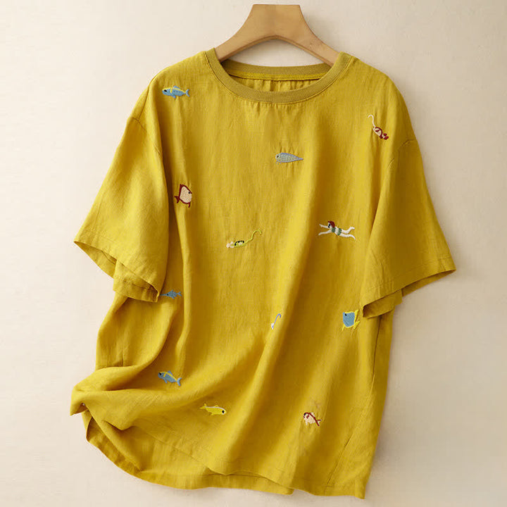 Buddha Stones Summer Casual Embroidery Fish Motif Women's Short Sleeve T-Shirts - Goldenrod - US12, UK/AU16, EU44 (2XL) - image 0