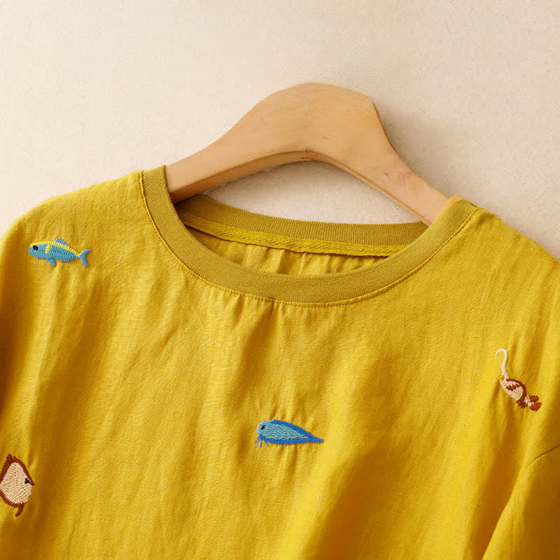 Buddha Stones Summer Casual Embroidery Fish Motif Women's Short Sleeve T-Shirts - image 2