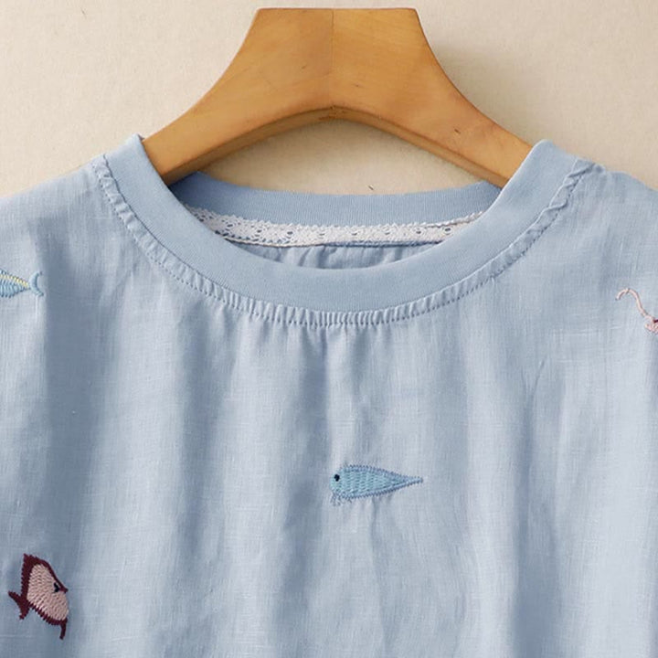 Buddha Stones Summer Casual Embroidery Fish Motif Women's Short Sleeve T-Shirts - image 11