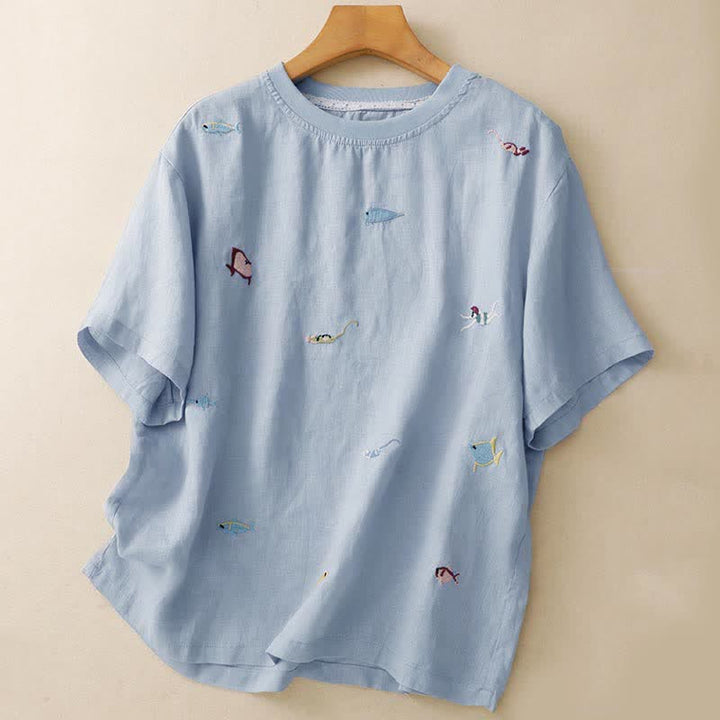 Buddha Stones Summer Casual Embroidery Fish Motif Women's Short Sleeve T-Shirts - LightSkyBlue - US12, UK/AU16, EU44 (2XL) - image 10