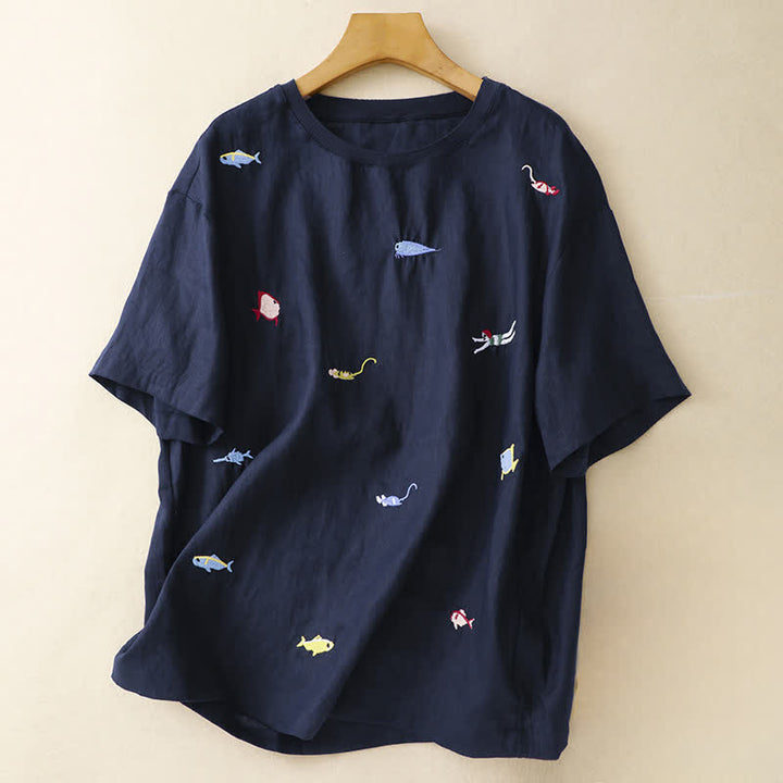 Buddha Stones Summer Casual Embroidery Fish Motif Women's Short Sleeve T-Shirts - Navy - US12, UK/AU16, EU44 (2XL) - image 16