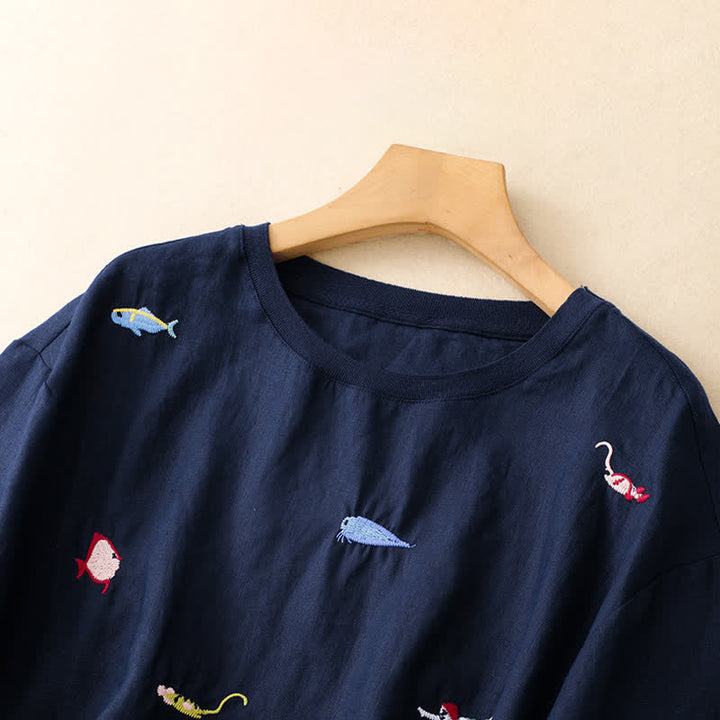 Buddha Stones Summer Casual Embroidery Fish Motif Women's Short Sleeve T-Shirts - image 17