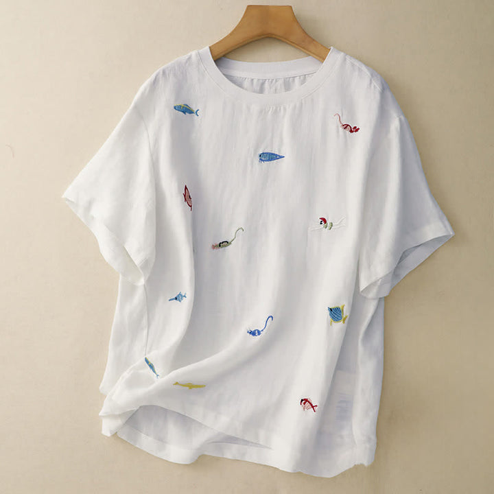 Buddha Stones Summer Casual Embroidery Fish Motif Women's Short Sleeve T-Shirts - White - US12, UK/AU16, EU44 (2XL) - image 22