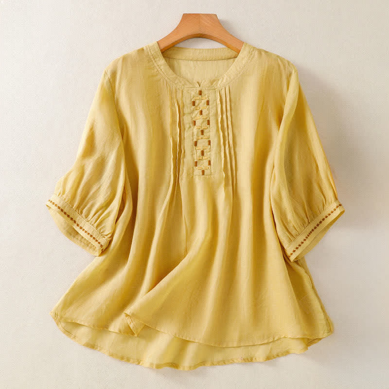 Buddha Stones Summer Casual Solid Embroidery Pleated Front Women's Short Sleeve T-Shirts - Goldenrod - US12, UK/AU16, EU44 (2XL) - image 0