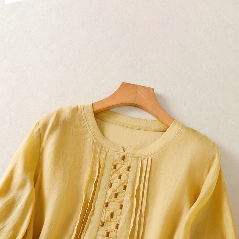 Buddha Stones Summer Casual Solid Embroidery Pleated Front Women's Short Sleeve T-Shirts - image 3