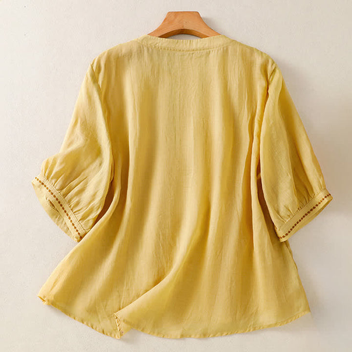 Buddha Stones Summer Casual Solid Embroidery Pleated Front Women's Short Sleeve T-Shirts - image 1