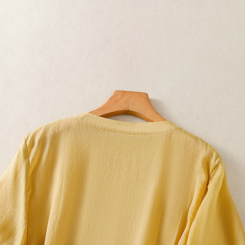 Buddha Stones Summer Casual Solid Embroidery Pleated Front Women's Short Sleeve T-Shirts - image 4