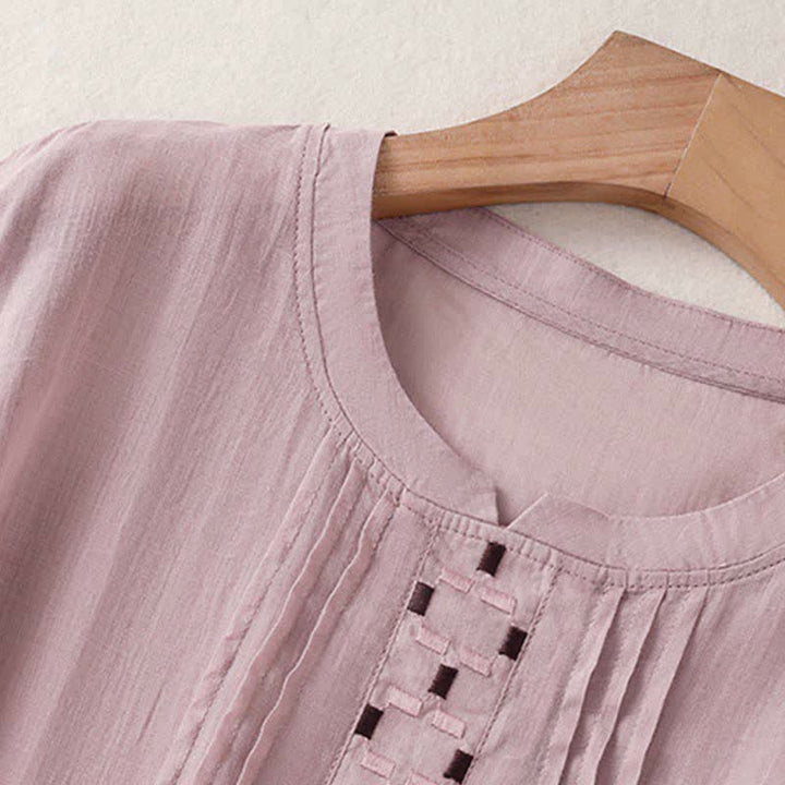 Buddha Stones Summer Casual Solid Embroidery Pleated Front Women's Short Sleeve T-Shirts - image 10