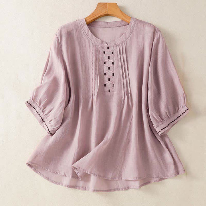 Buddha Stones Summer Casual Solid Embroidery Pleated Front Women's Short Sleeve T-Shirts - Thistle - US12, UK/AU16, EU44 (2XL) - image 8