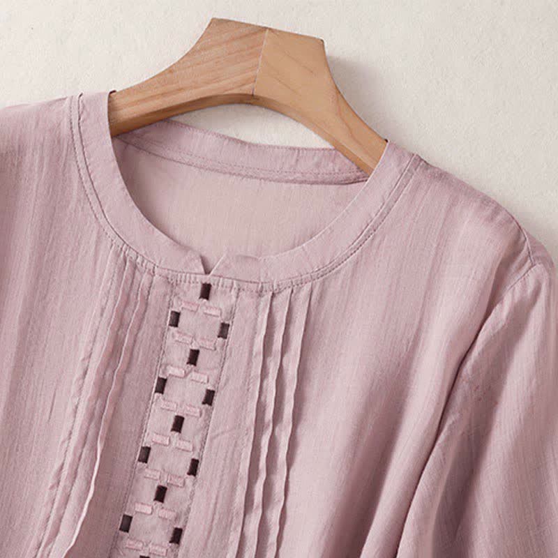 Buddha Stones Summer Casual Solid Embroidery Pleated Front Women's Short Sleeve T-Shirts - image 11