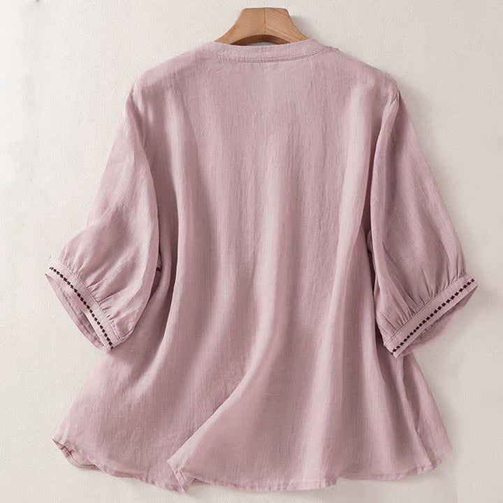 Buddha Stones Summer Casual Solid Embroidery Pleated Front Women's Short Sleeve T-Shirts - image 9