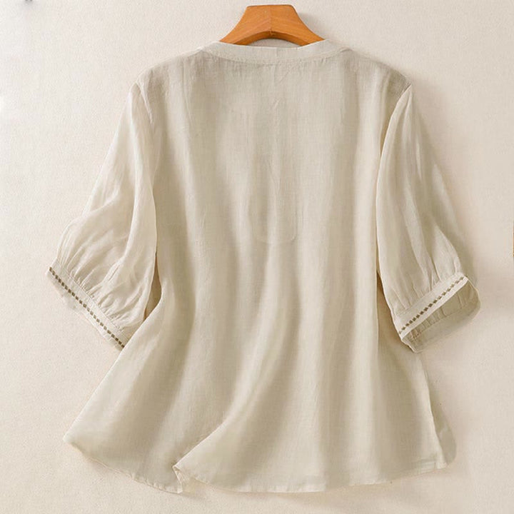 Buddha Stones Summer Casual Solid Embroidery Pleated Front Women's Short Sleeve T-Shirts - image 16
