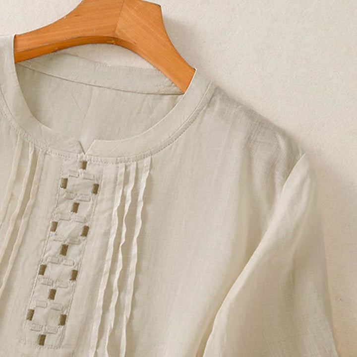 Buddha Stones Summer Casual Solid Embroidery Pleated Front Women's Short Sleeve T-Shirts - image 18