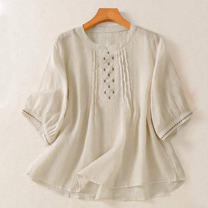 Buddha Stones Summer Casual Solid Embroidery Pleated Front Women's Short Sleeve T-Shirts - AntiqueWhite - US12, UK/AU16, EU44 (2XL) - image 15