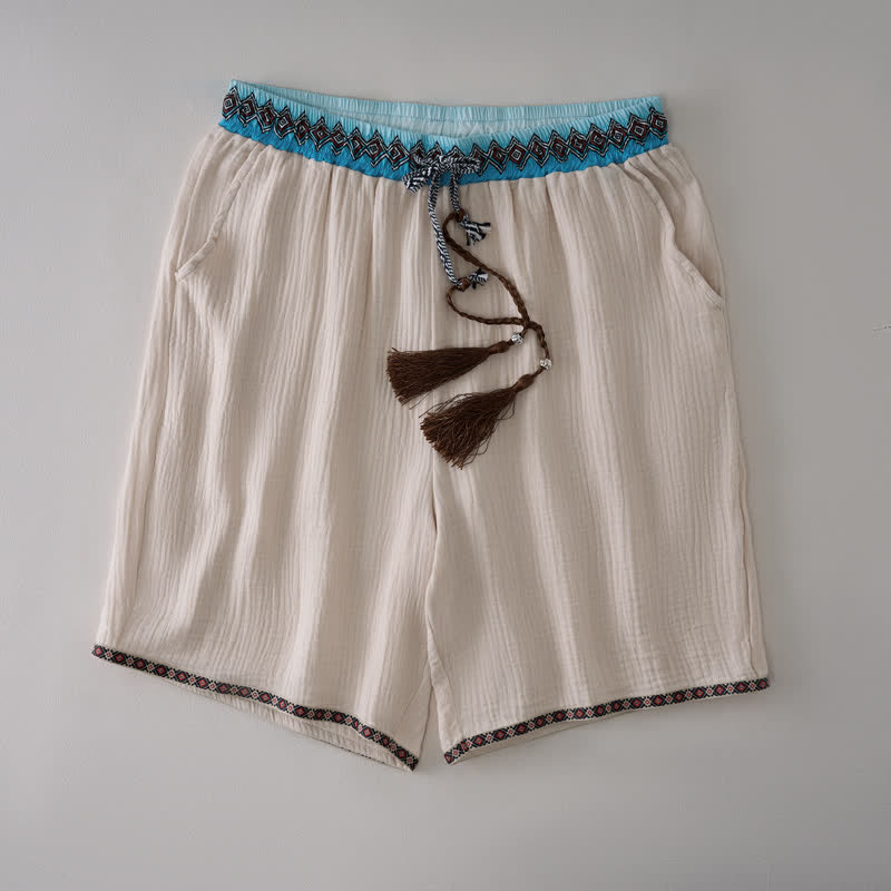Buddha Stones Summer Boho Casual Drawstring Geometric Bermuda Shorts Men's Straight Leg Pants With Pockets - Beige - US/UK/AU44, EU54 (3XL) - image 0
