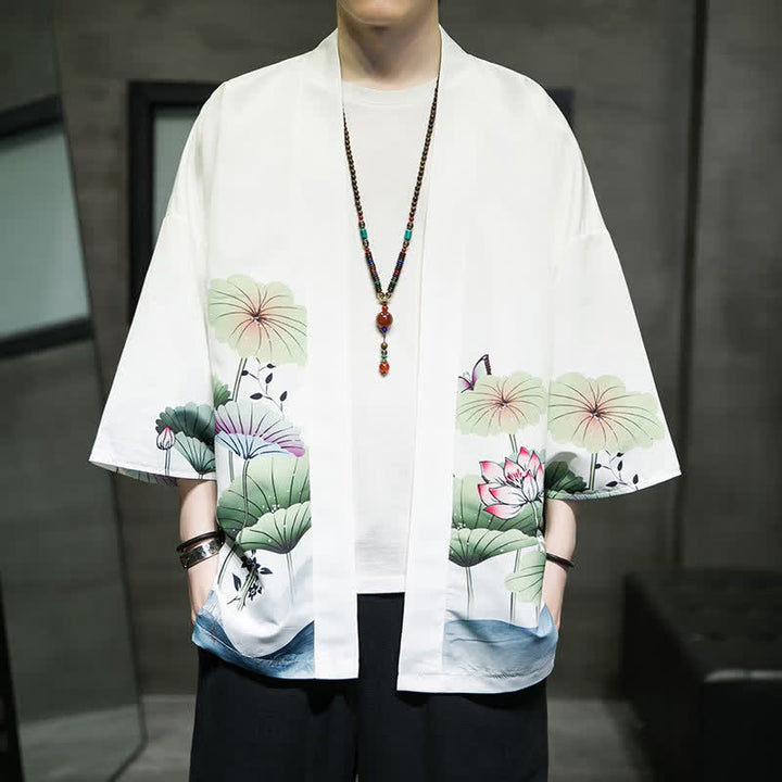 Buddha Stones Summer Casual Lotus Leaves Butterfly Crane Print Open Front Men's Kimono - image 4