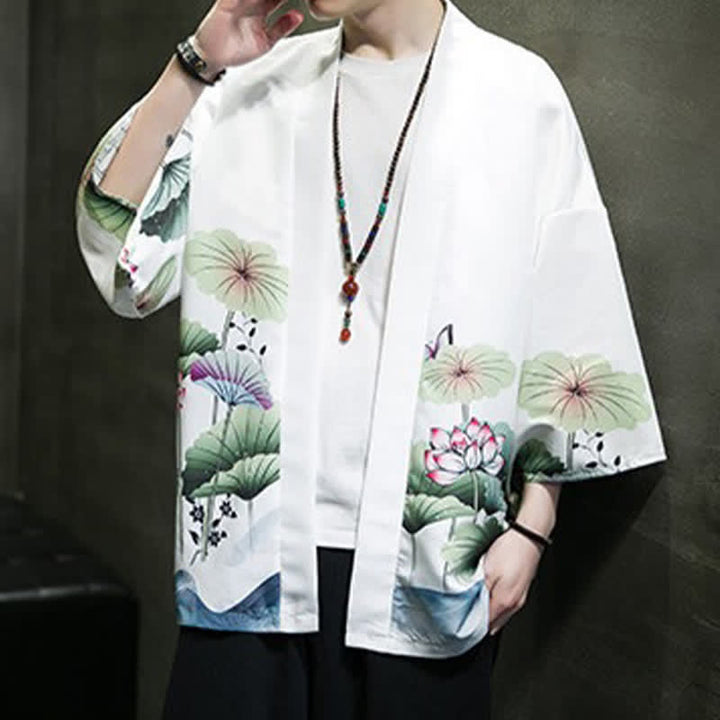 Buddha Stones Summer Casual Lotus Leaves Butterfly Crane Print Open Front Men's Kimono - image 6