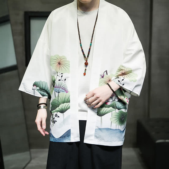 Buddha Stones Summer Casual Lotus Leaves Butterfly Crane Print Open Front Men's Kimono - image 8