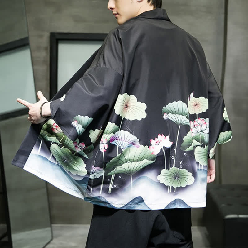 Buddha Stones Summer Casual Lotus Leaves Butterfly Crane Print Open Front Men's Kimono - image 16