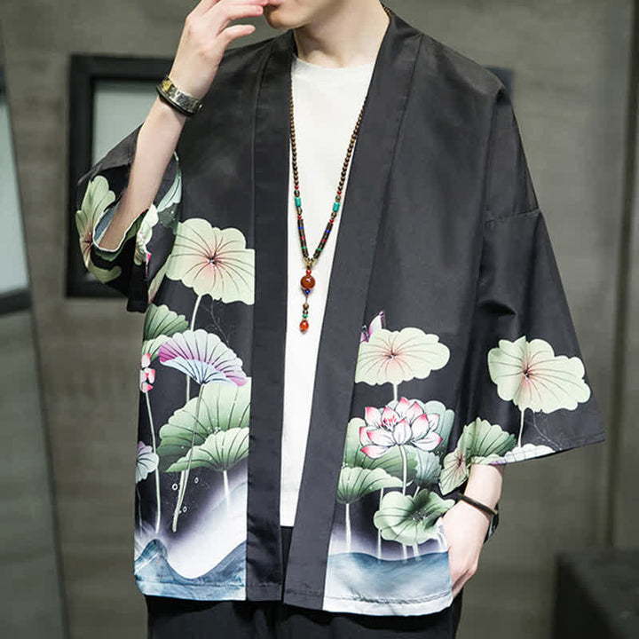 Buddha Stones Summer Casual Lotus Leaves Butterfly Crane Print Open Front Men's Kimono - image 14