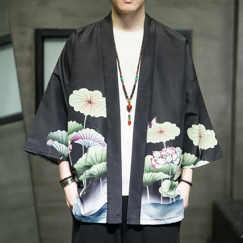 Buddha Stones Summer Casual Lotus Leaves Butterfly Crane Print Open Front Men's Kimono - Black - US/UK/AU48, EU58 (5XL) - image 12