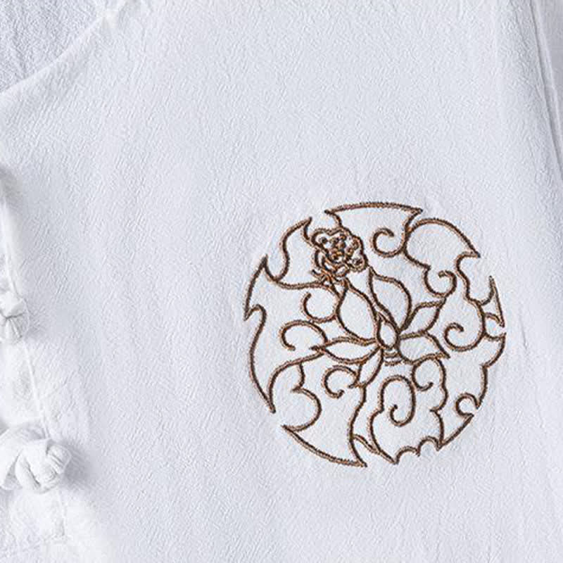 Buddha Stones Summer Casual Frog Button Flower Embroidery Men's Short Sleeve Shirts - image 5