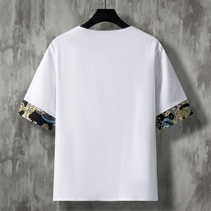 Buddha Stones Summer Casual Frog Button Flower Embroidery Men's Short Sleeve Shirts - image 1