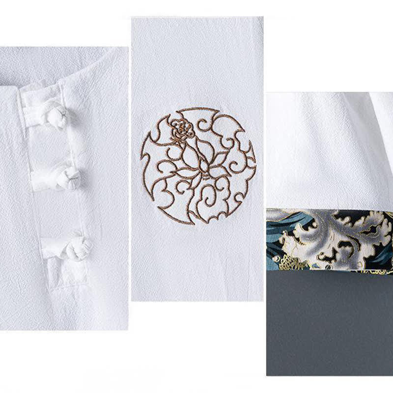 Buddha Stones Summer Casual Frog Button Flower Embroidery Men's Short Sleeve Shirts - image 6