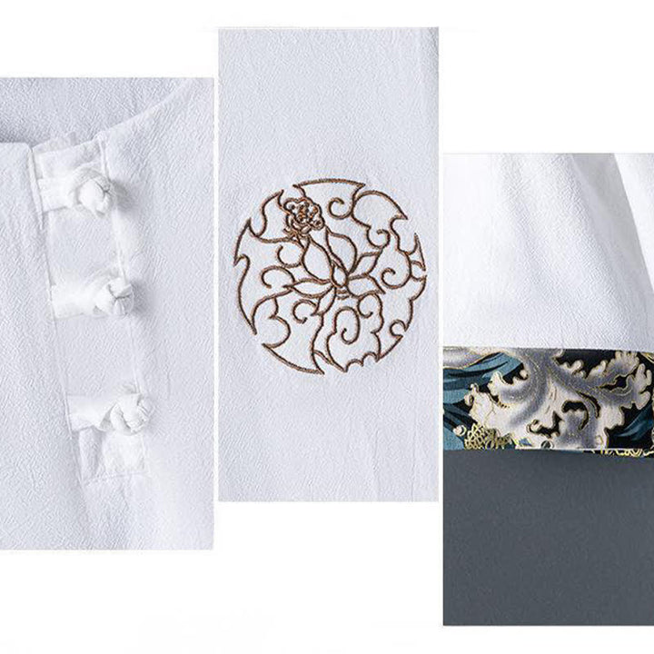 Buddha Stones Summer Casual Frog Button Flower Embroidery Men's Short Sleeve Shirts - image 6