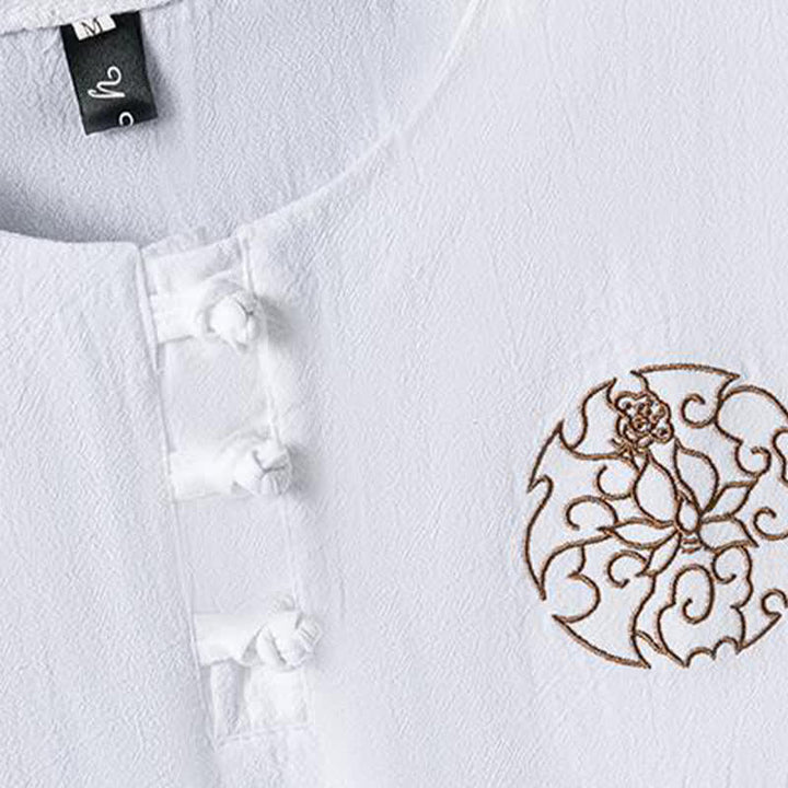 Buddha Stones Summer Casual Frog Button Flower Embroidery Men's Short Sleeve Shirts - image 4