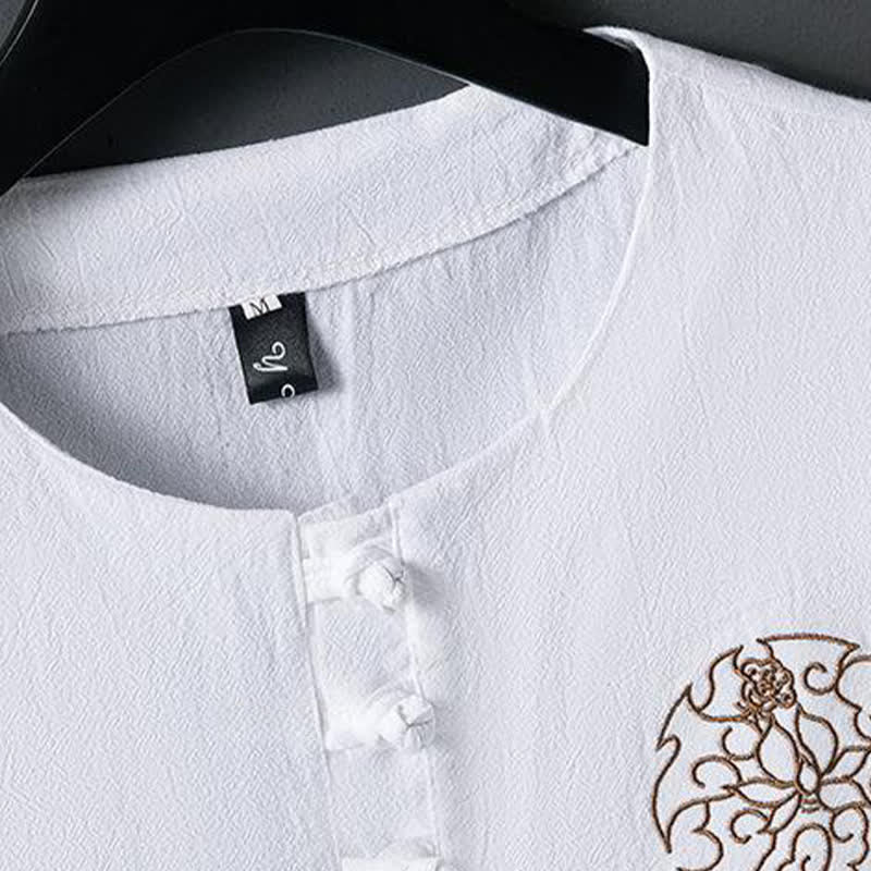 Buddha Stones Summer Casual Frog Button Flower Embroidery Men's Short Sleeve Shirts - image 2