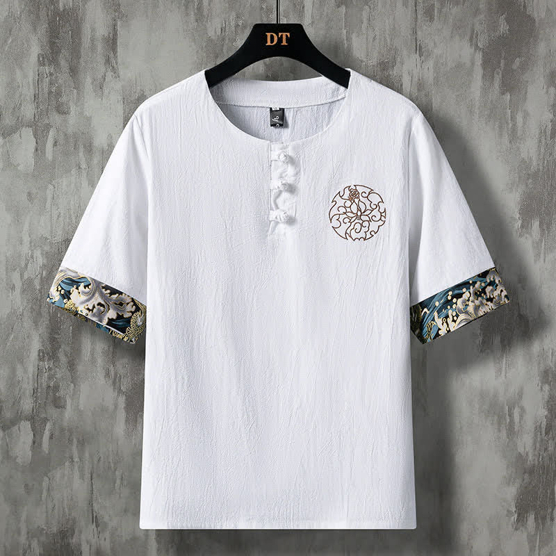 Buddha Stones Summer Casual Frog Button Flower Embroidery Men's Short Sleeve Shirts - White - US/UK/AU48, EU58 (5XL) - image 0
