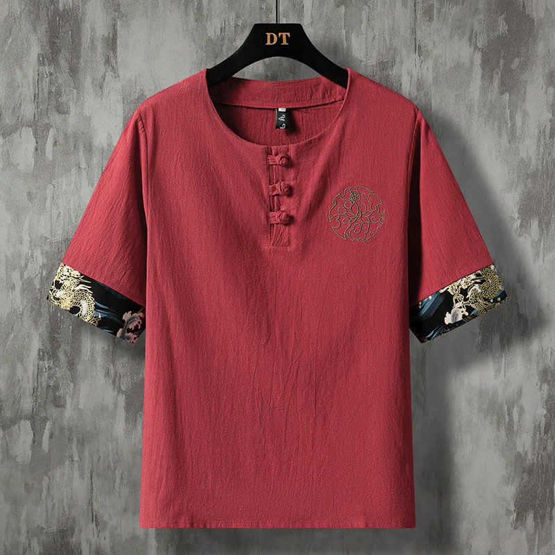 Buddha Stones Summer Casual Frog Button Flower Embroidery Men's Short Sleeve Shirts - Maroon - US/UK/AU48, EU58 (5XL) - image 12