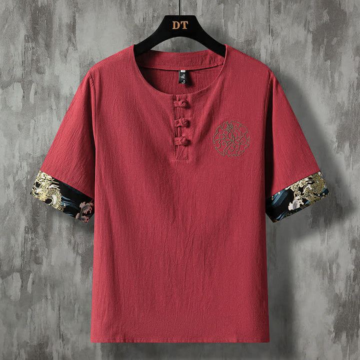Buddha Stones Summer Casual Frog Button Flower Embroidery Men's Short Sleeve Shirts - Maroon - US/UK/AU48, EU58 (5XL) - image 12
