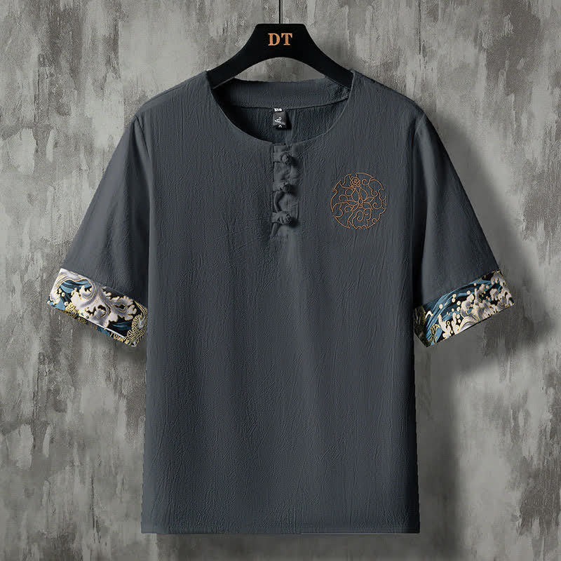 Buddha Stones Summer Casual Frog Button Flower Embroidery Men's Short Sleeve Shirts - DimGray - US/UK/AU48, EU58 (5XL) - image 10