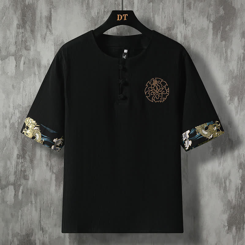 Buddha Stones Summer Casual Frog Button Flower Embroidery Men's Short Sleeve Shirts - Black - US/UK/AU48, EU58 (5XL) - image 11