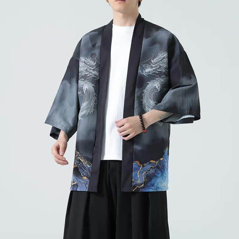 Buddha Stones Summer Casual Dragon Mountains Open Front Men's Kimono - Black - US/UK/AU46，EU56 (5XL) - image 0