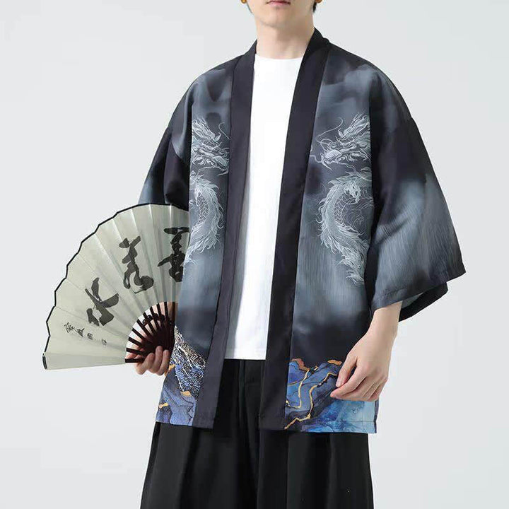 Buddha Stones Summer Casual Dragon Mountains Open Front Men's Kimono - image 2