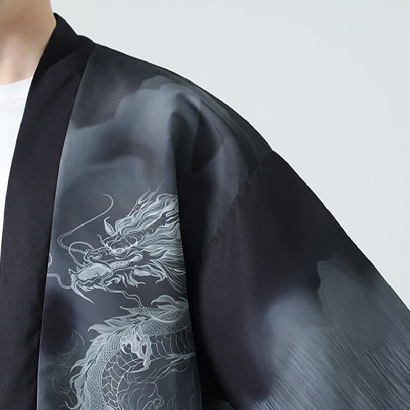 Buddha Stones Summer Casual Dragon Mountains Open Front Men's Kimono - image 11