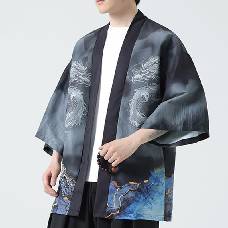 Buddha Stones Summer Casual Dragon Mountains Open Front Men's Kimono - image 6