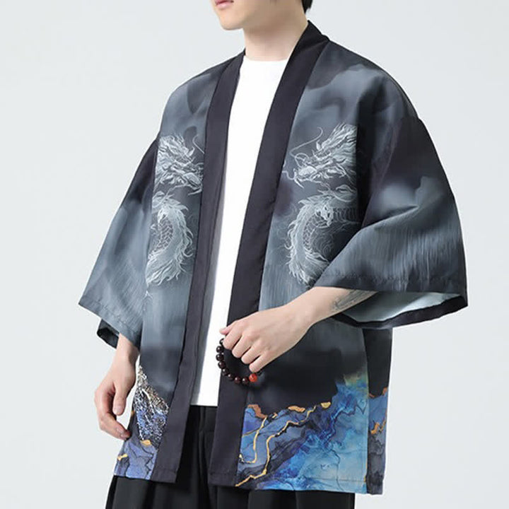 Buddha Stones Summer Casual Dragon Mountains Open Front Men's Kimono - image 6