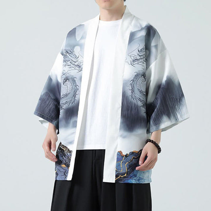 Buddha Stones Summer Casual Dragon Mountains Open Front Men's Kimono - WhiteSmoke - US/UK/AU48, EU58 (5XL) - image 13