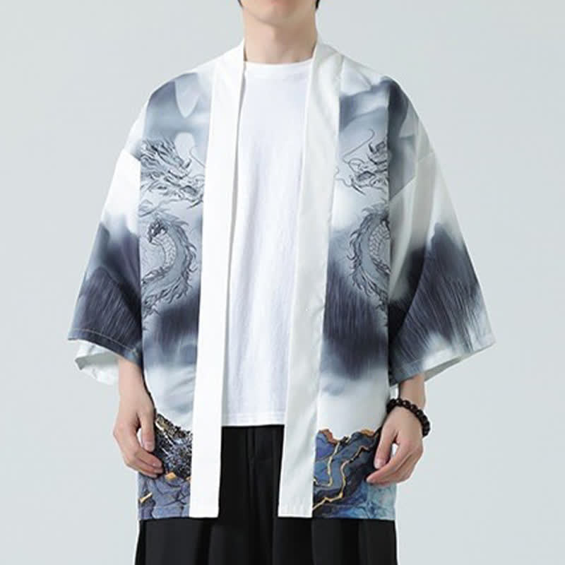 Buddha Stones Summer Casual Dragon Mountains Open Front Men's Kimono - image 15