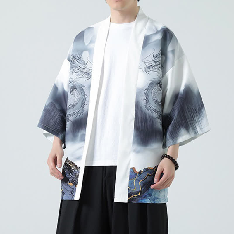 Buddha Stones Summer Casual Dragon Mountains Open Front Men's Kimono - WhiteSmoke - US/UK/AU46，EU56 (5XL) - image 13