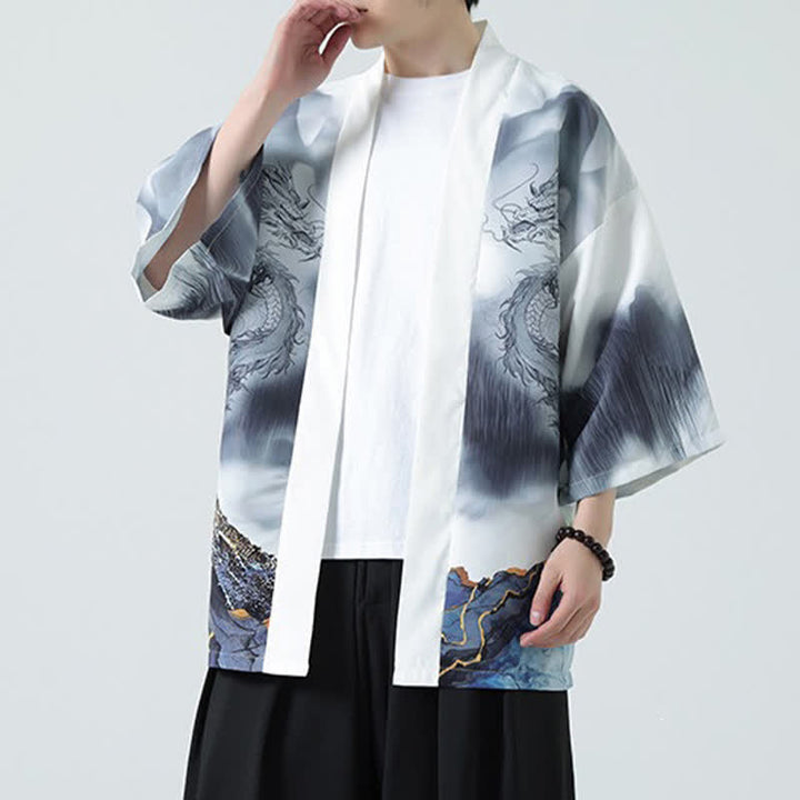 Buddha Stones Summer Casual Dragon Mountains Open Front Men's Kimono - image 14