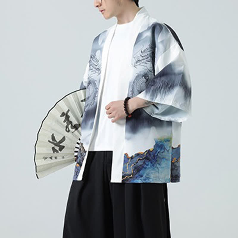 Buddha Stones Summer Casual Dragon Mountains Open Front Men's Kimono - image 21