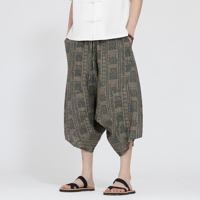 Buddha Stones Summer Boho Casual Elastic Waist Geometric Floral Pattern Capri Pants Men's Harem Pants - Tan - US/UK/AU48, EU58 (5XL) - image 0